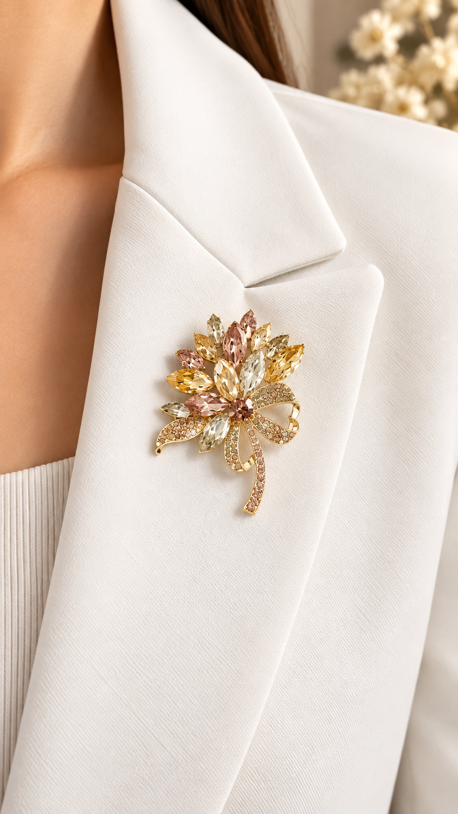 Elegante Blumenbrosche Gold mit Kristallen – Funkelnde Strass Brosche für Damen | 2 Farben