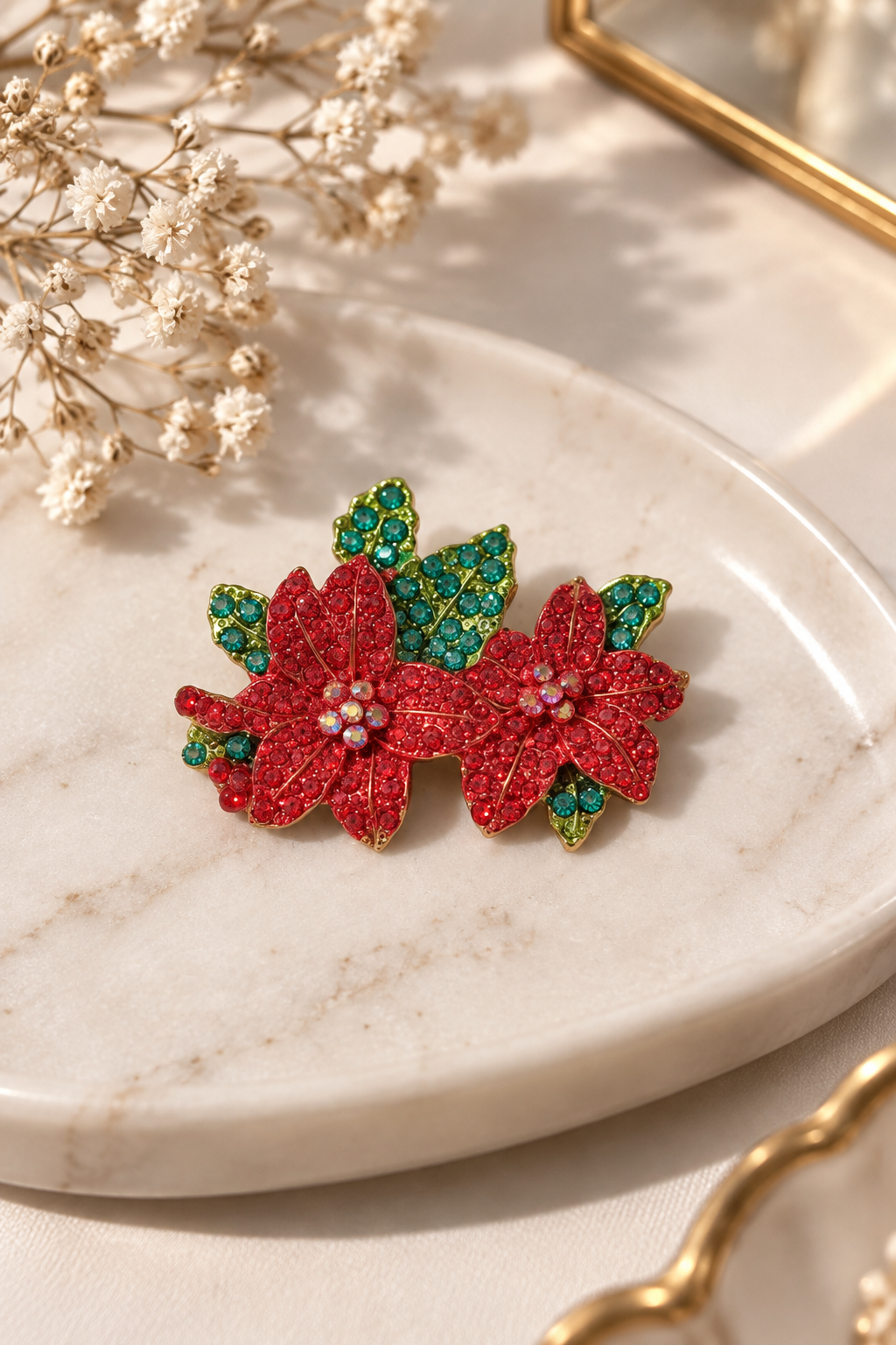 Weihnachtsstern Brosche Rot & Grün | Funkelnde Blumen Brosche