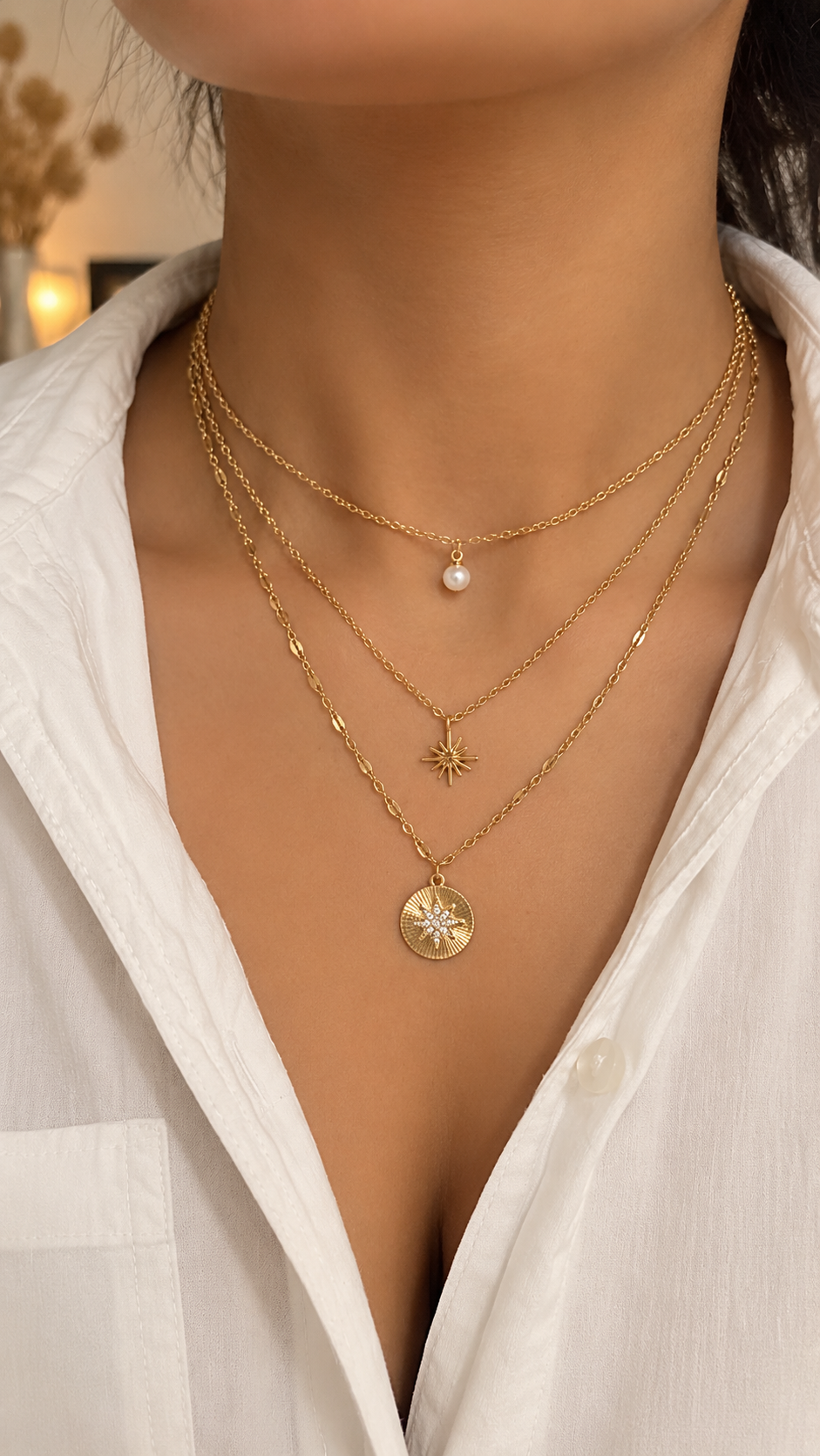 3-reihige Layering Halskette Gold | Perle & Stern Anhänger