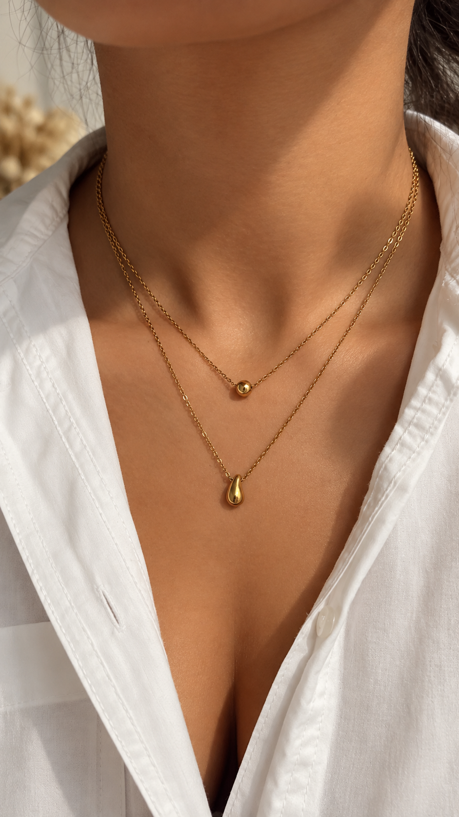 Doppelkette Gold mit Tropfen Anhänger | Edelstahl Layering Halskette