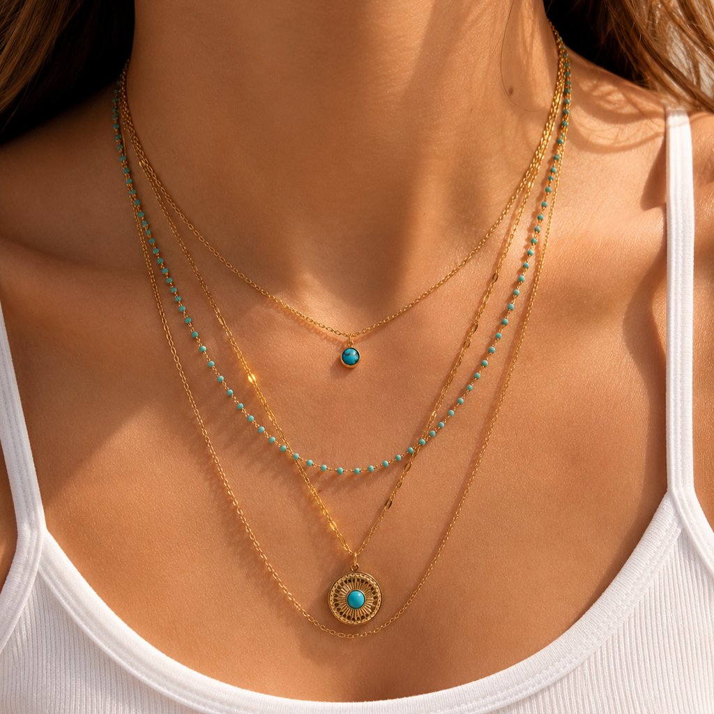 Layering Halskette Türkis & Gold – Mehrreihige Edelstahl Kette mit Anhänger