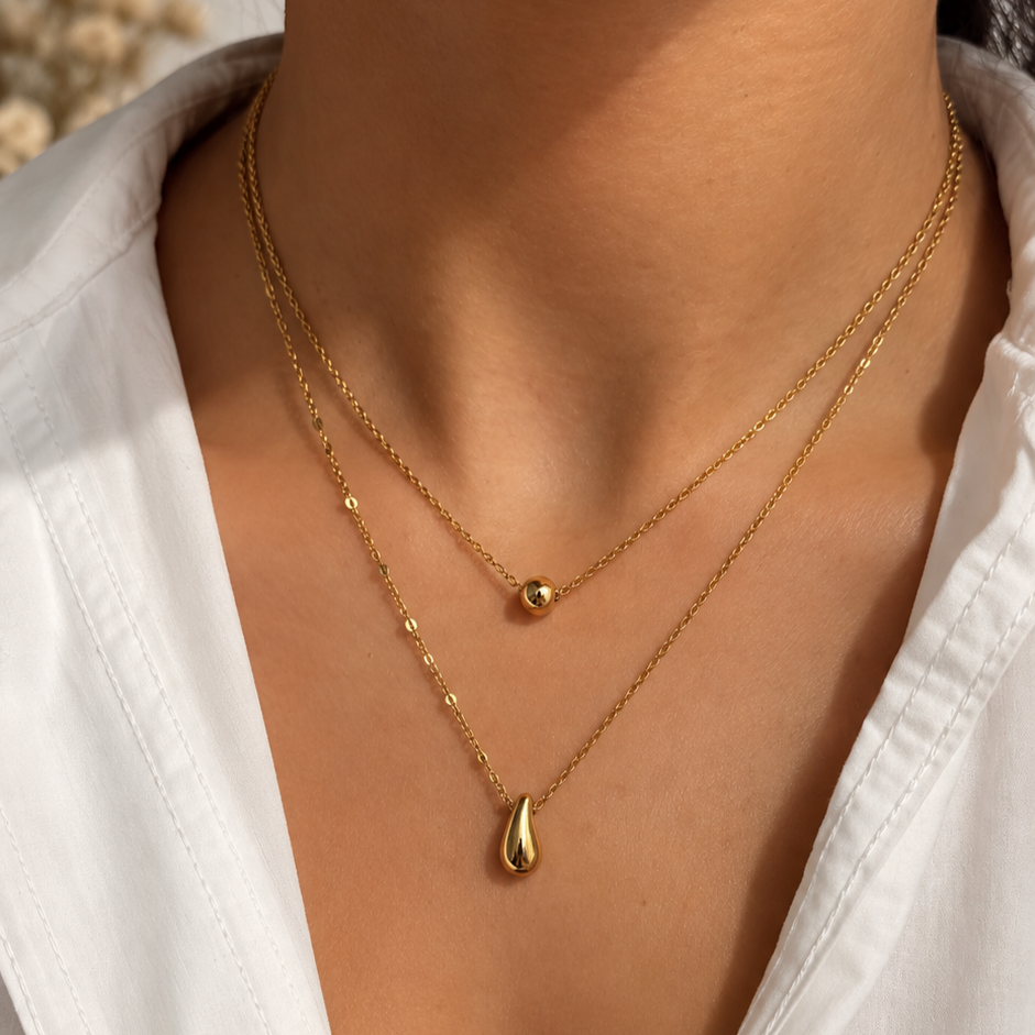 Doppelkette Gold mit Tropfen Anhänger | Edelstahl Layering Halskette