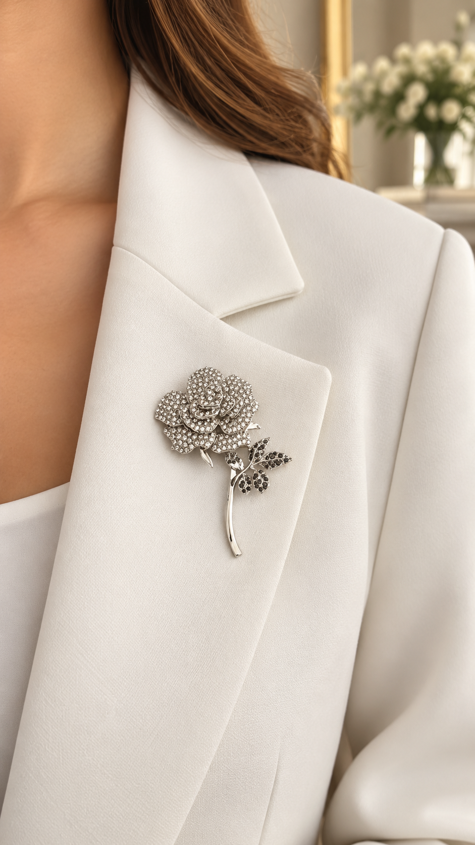 Elegante Rosen Brosche Silber mit Strasssteinen – Vintage Blumenbrosche für Damen