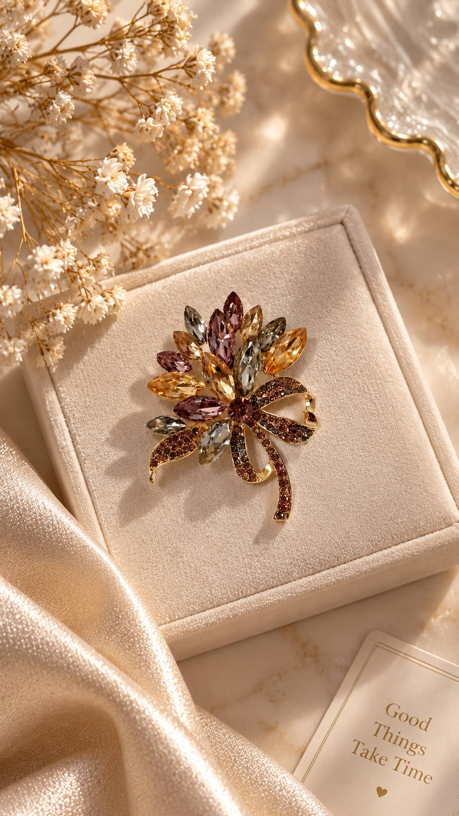 Elegante Blumenbrosche Gold mit Kristallen – Funkelnde Strass Brosche für Damen | 2 Farben