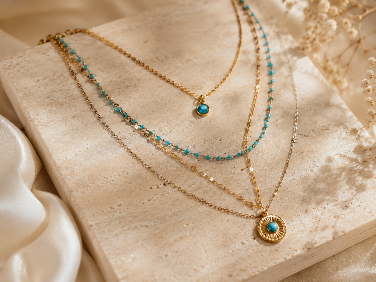 Layering Halskette Türkis & Gold – Mehrreihige Edelstahl Kette mit Anhänger