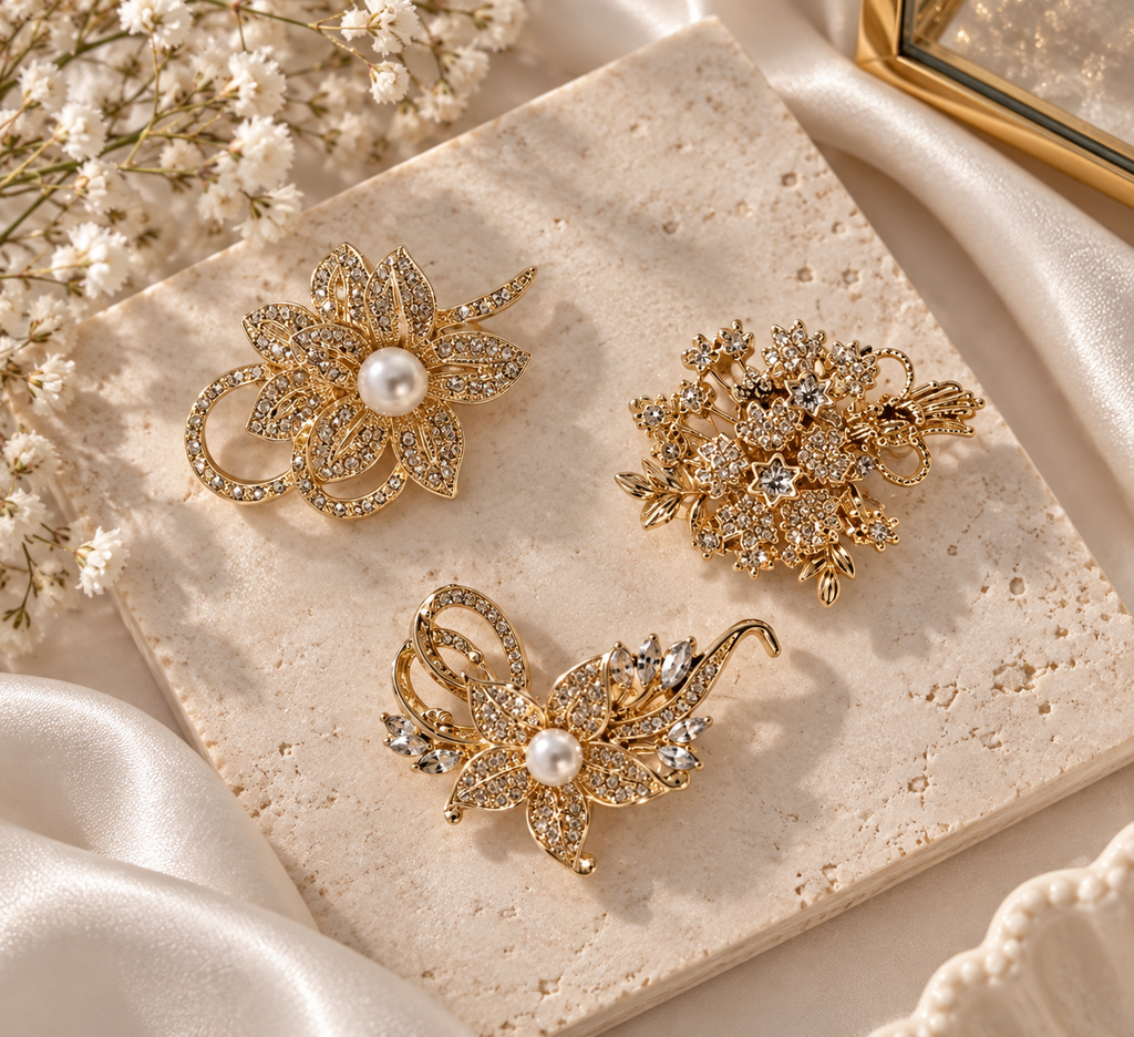 Goldene Blumenbrosche mit Perlen & Strass – Elegante Vintage Anstecknadel | 3 Designs