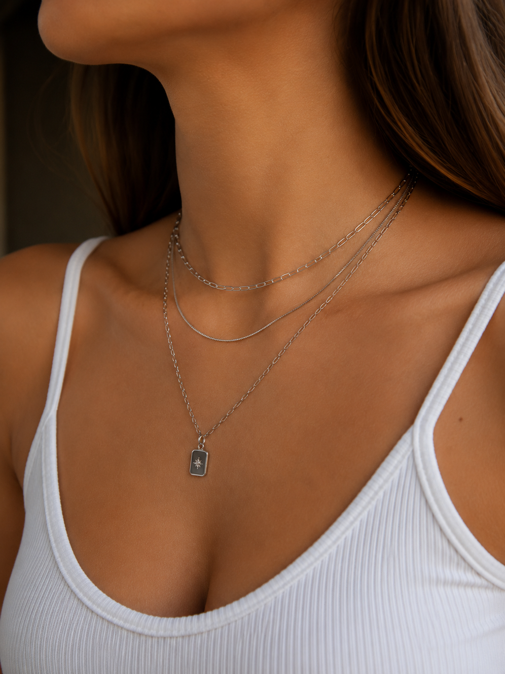 3-reihige Layering Halskette Silber – Edelstahl Kette mit Stern Anhänger