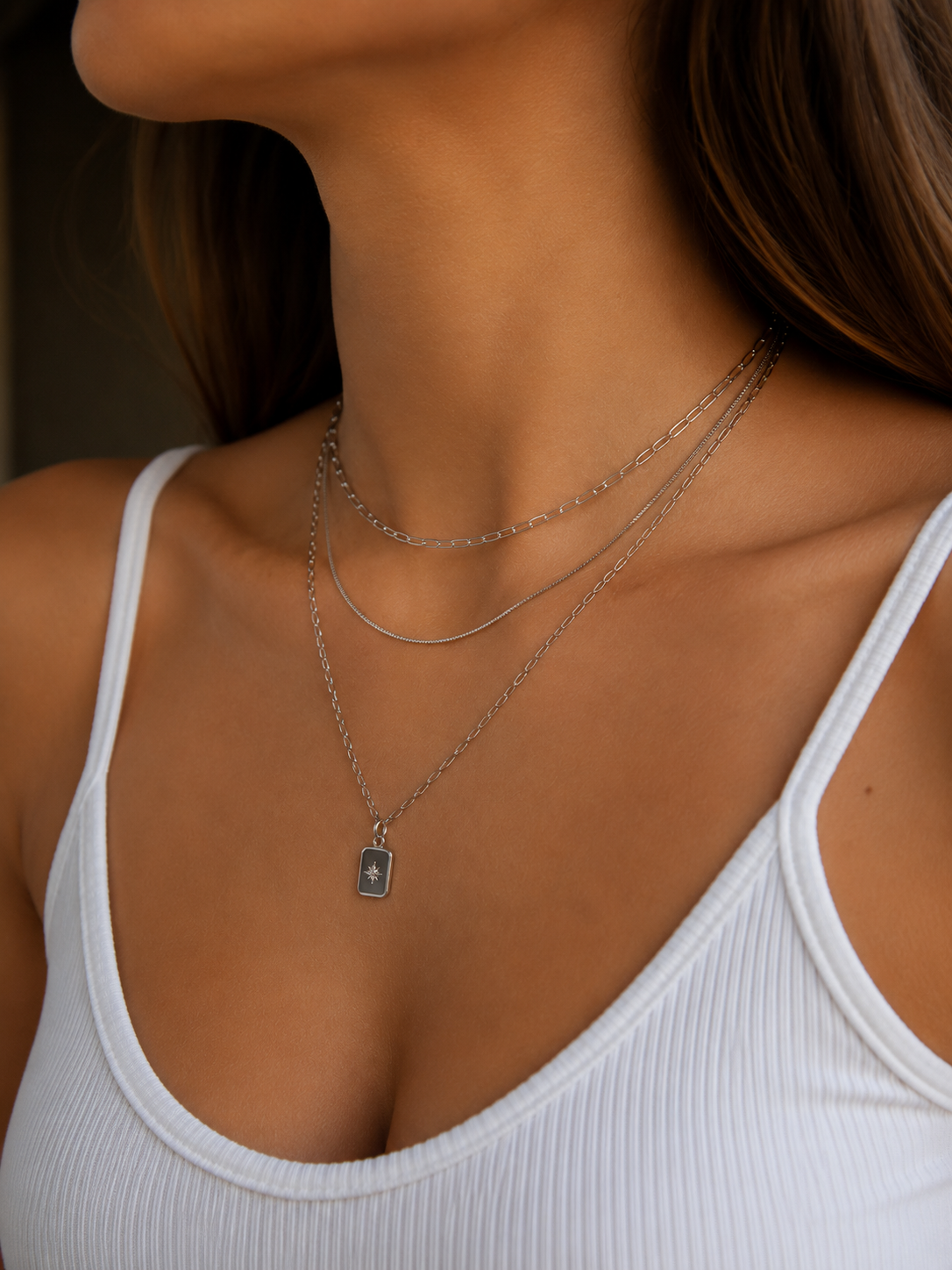 3-reihige Layering Halskette Silber – Edelstahl Kette mit Stern Anhänger