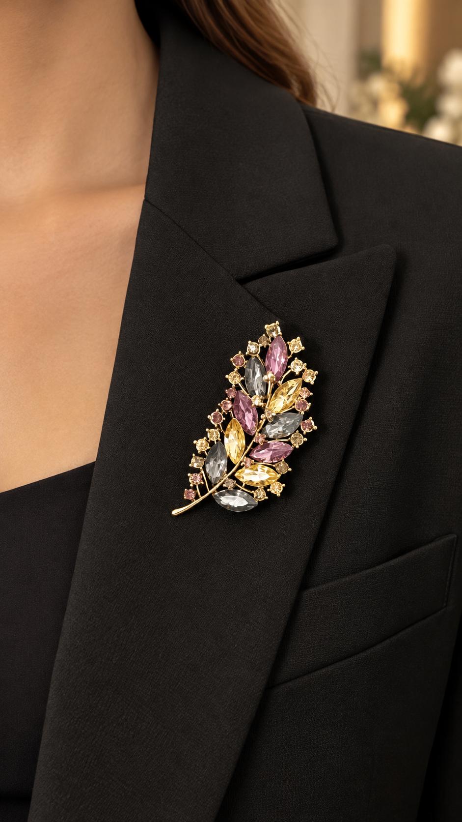 Blätter Brosche Gold mit Kristallsteinen | Damen Brosche
