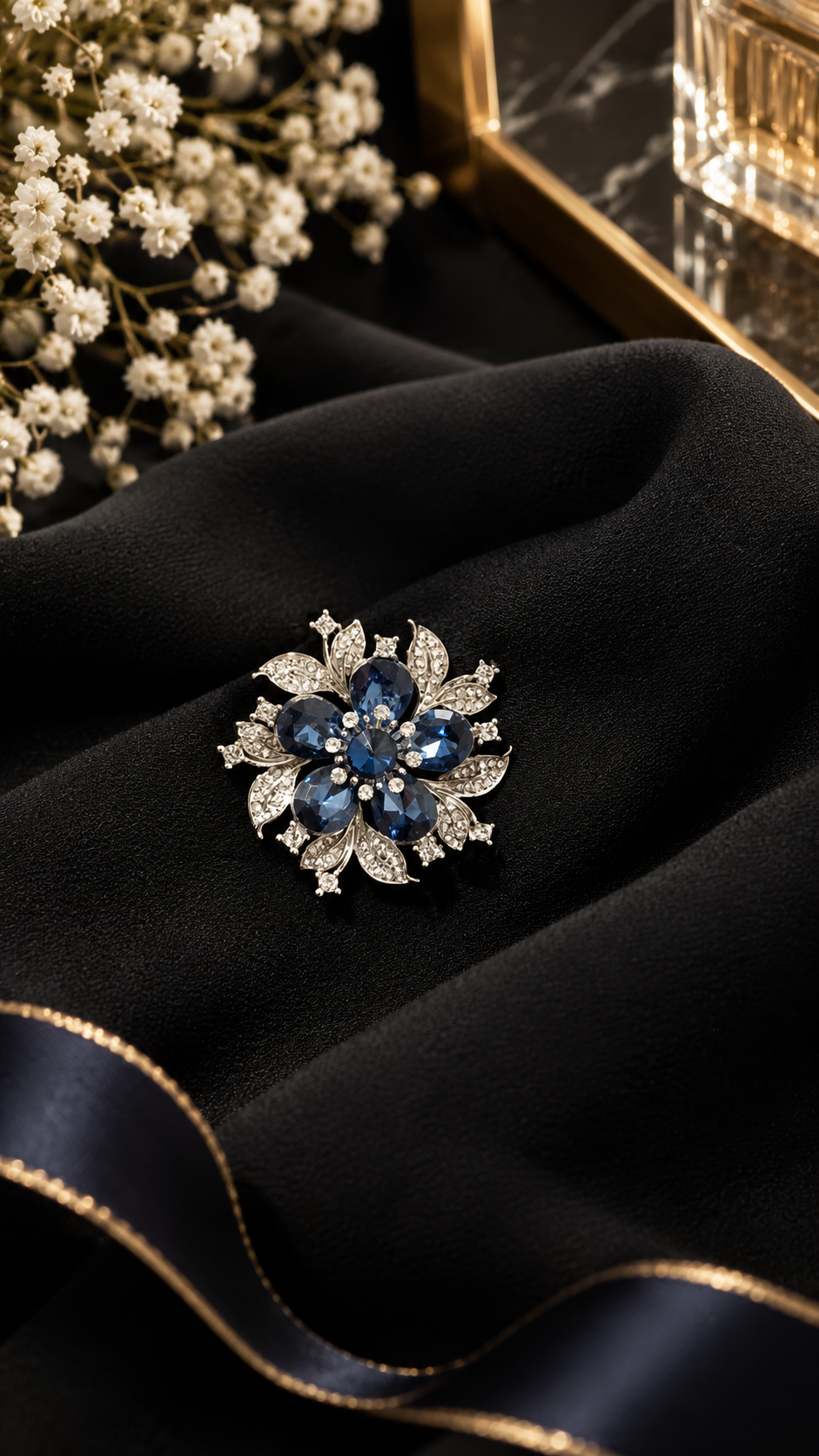 Elegante Blumenbrosche Silber Blau – Vintage Brosche mit Strasssteinen | Damen Schmuck