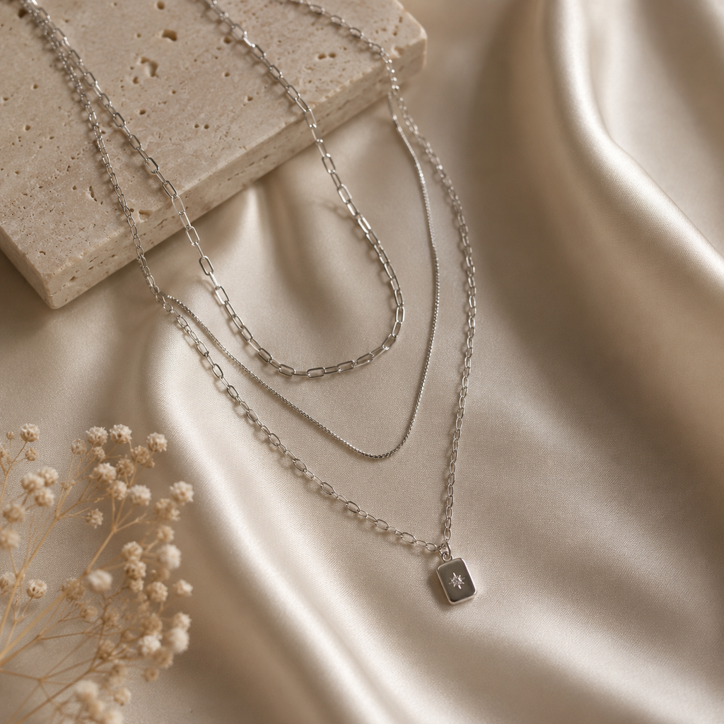 3-reihige Layering Halskette Silber – Edelstahl Kette mit Stern Anhänger