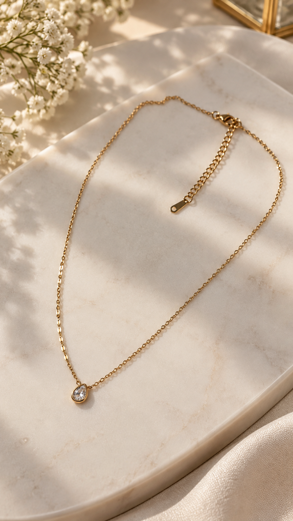 Tropfen Halskette Gold mit Zirkonia | Filigrane Edelstahl Kette