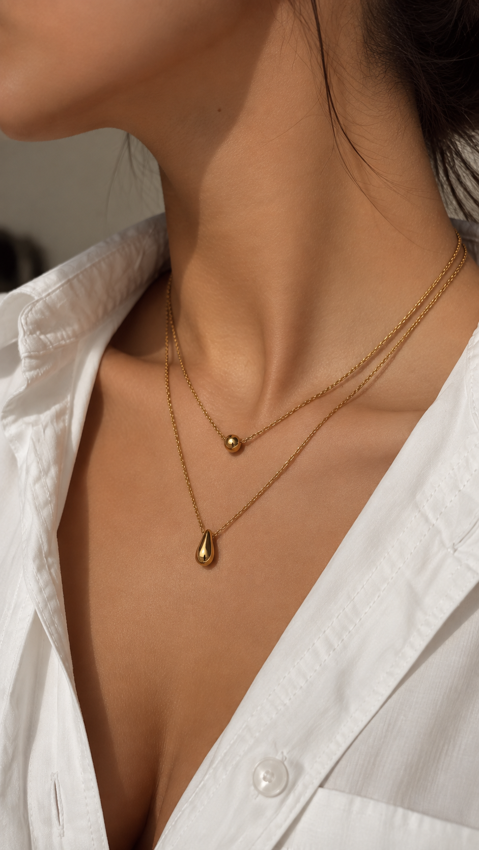 Doppelkette Gold mit Tropfen Anhänger | Edelstahl Layering Halskette