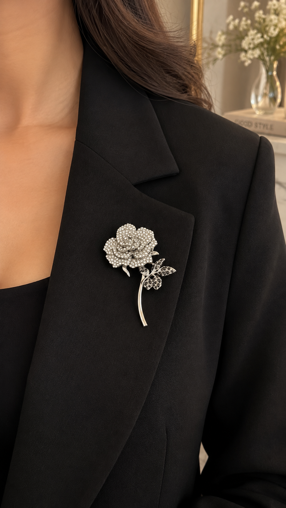 Elegante Rosen Brosche Silber mit Strasssteinen – Vintage Blumenbrosche für Damen
