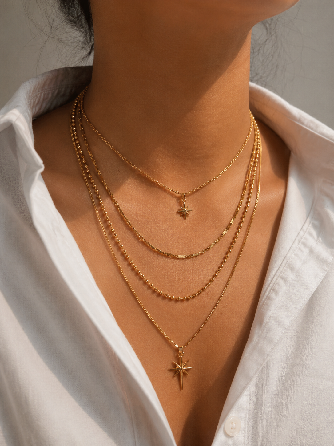 Layering Halskette Gold mit Stern – 2 Doppelkette | Edelstahl 14K vergoldet
