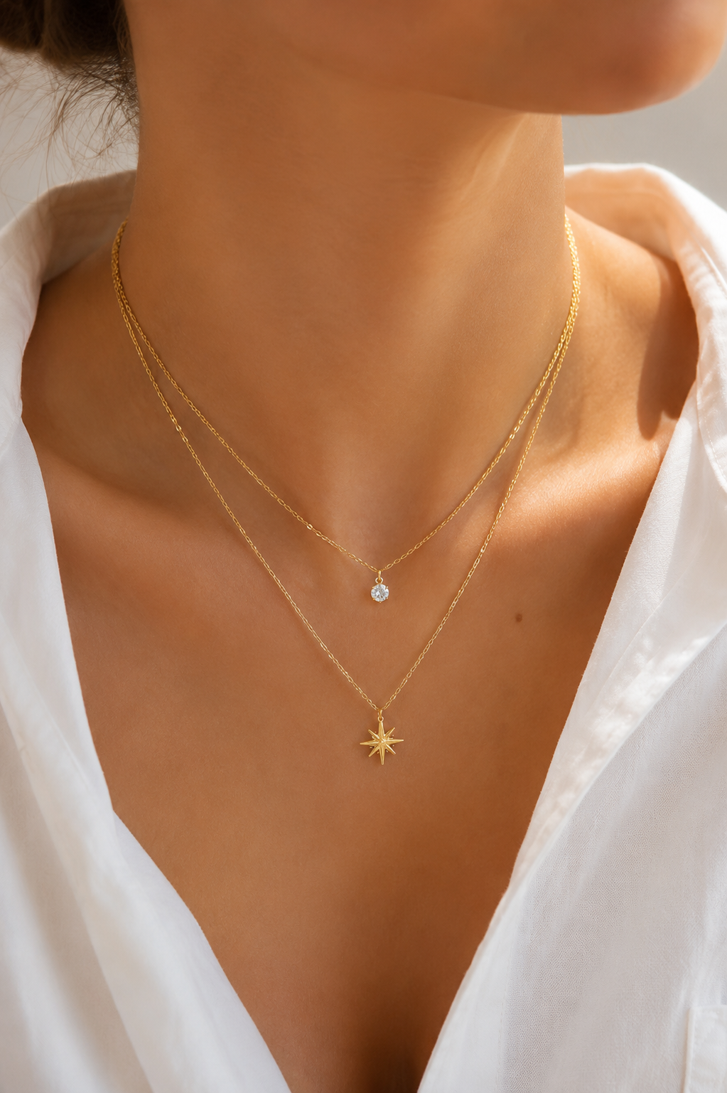 Doppelkette mit Stern Anhänger & Zirkonia – Edelstahl Gold & Silber