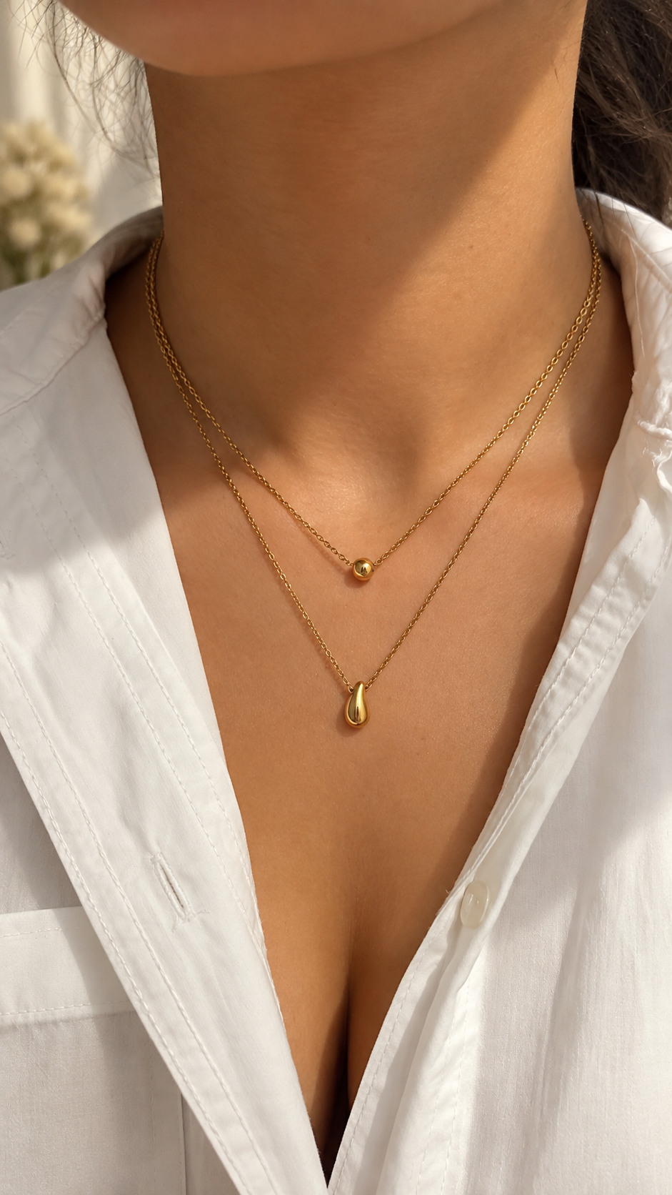 Doppelkette Gold mit Tropfen Anhänger | Edelstahl Layering Halskette