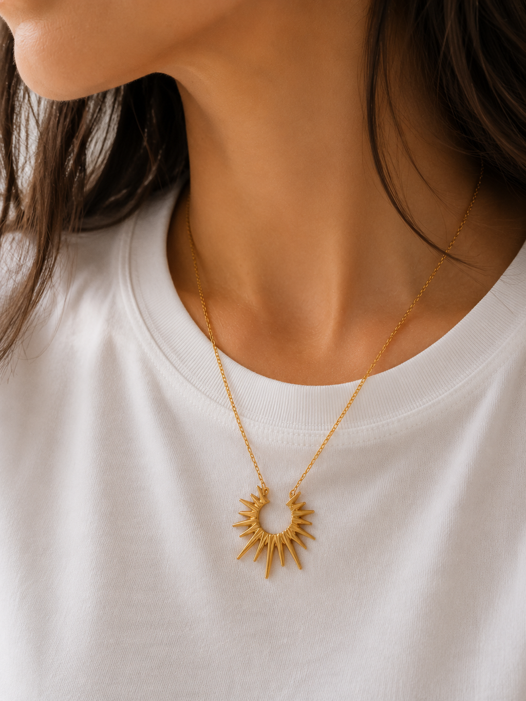Sonnen Halskette Gold | Edelstahl Kette mit Sunburst Anhänger