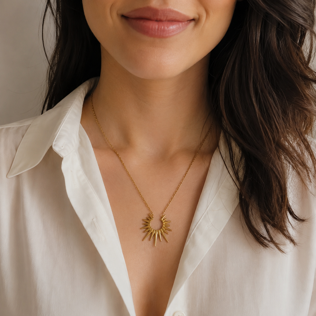 Sonnen Halskette Gold | Edelstahl Kette mit Sunburst Anhänger