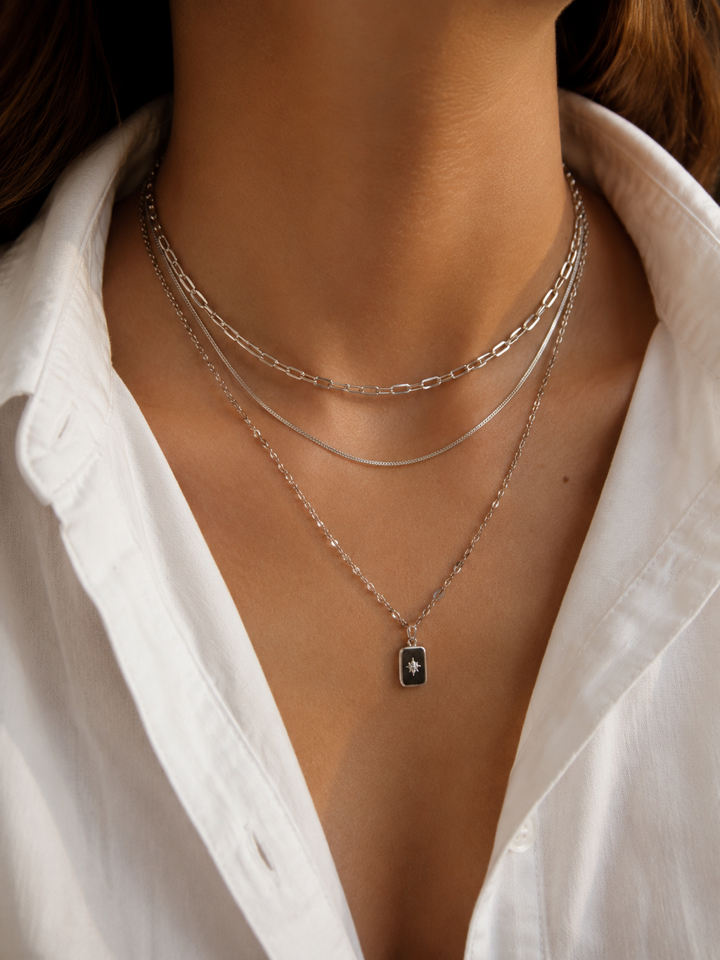 3-reihige Layering Halskette Silber – Edelstahl Kette mit Stern Anhänger