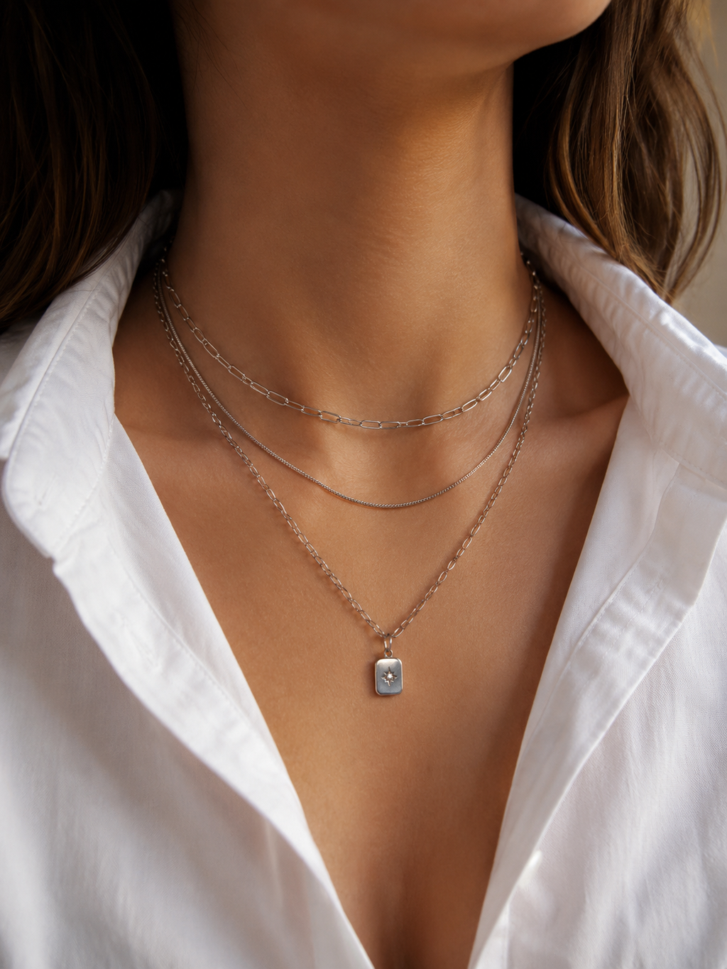3-reihige Layering Halskette Silber – Edelstahl Kette mit Stern Anhänger