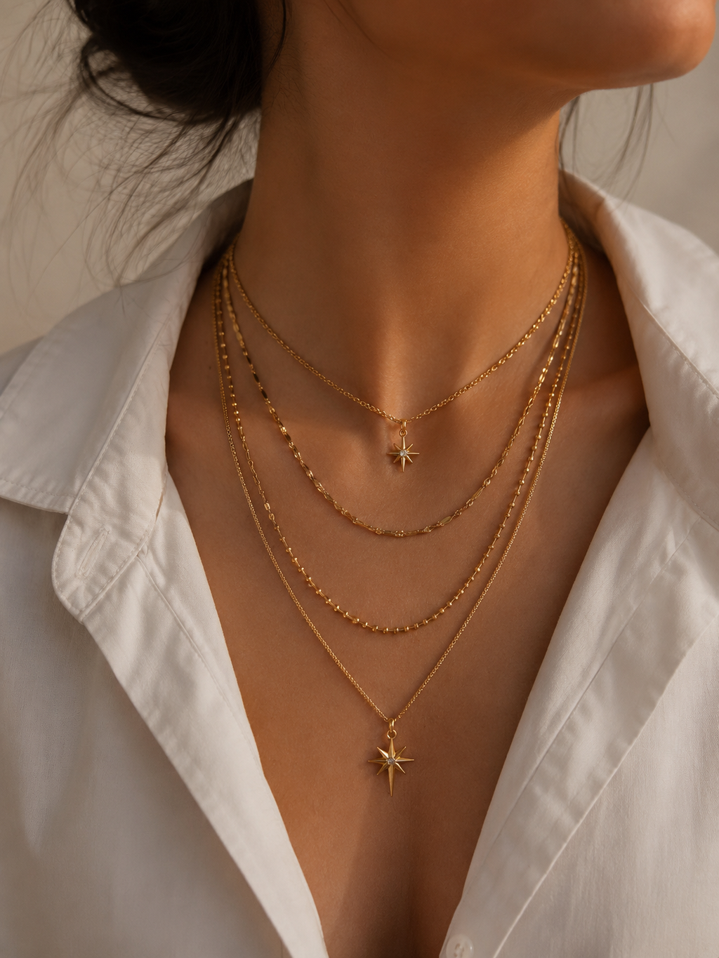 Layering Halskette Gold mit Stern – 2 Doppelkette | Edelstahl 14K vergoldet
