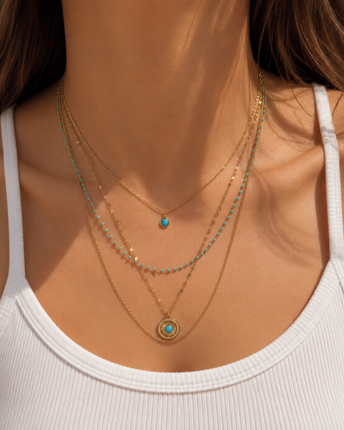 Layering Halskette Türkis & Gold – Mehrreihige Edelstahl Kette mit Anhänger