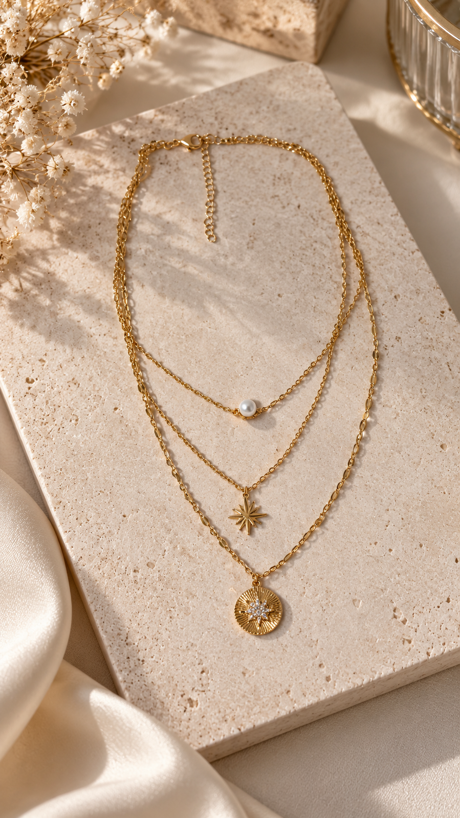 3-reihige Layering Halskette Gold | Perle & Stern Anhänger