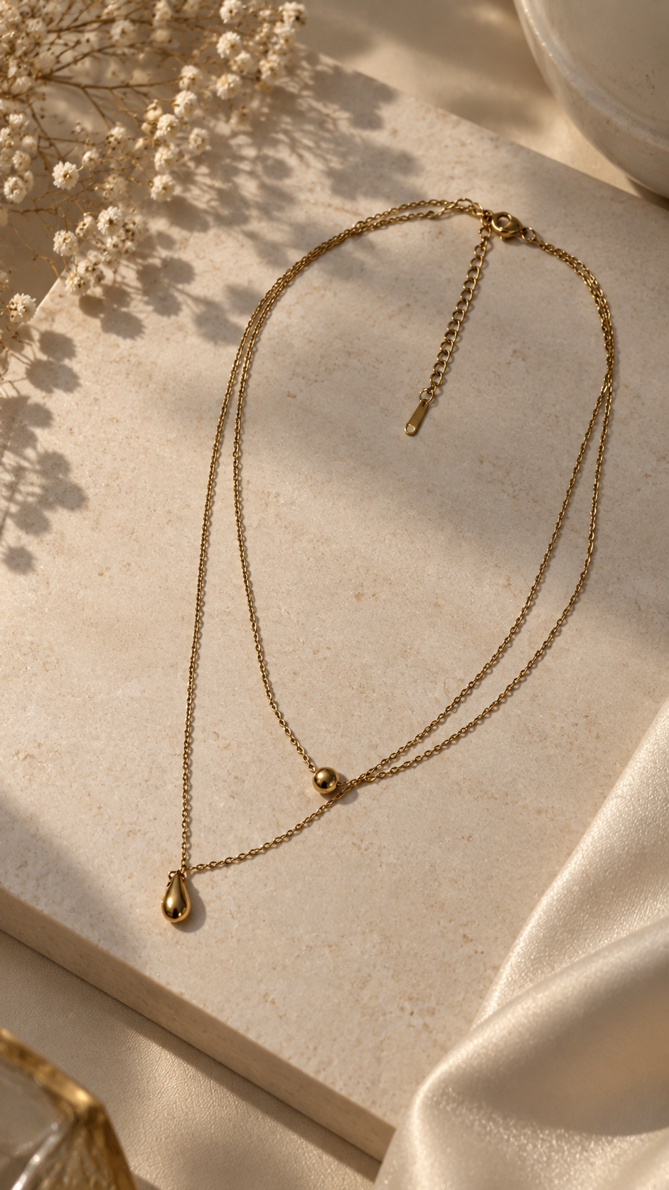 Doppelkette Gold mit Tropfen Anhänger | Edelstahl Layering Halskette