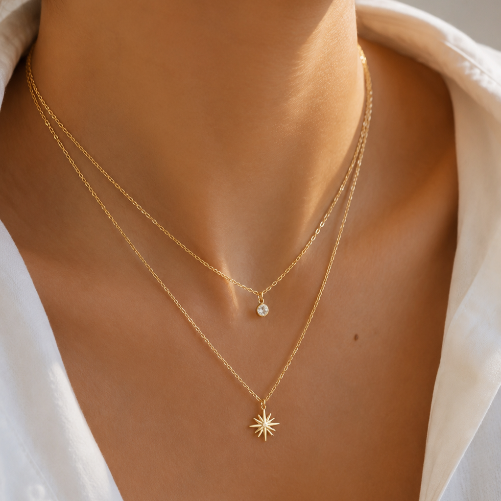 Doppelkette mit Stern Anhänger & Zirkonia – Edelstahl Gold & Silber