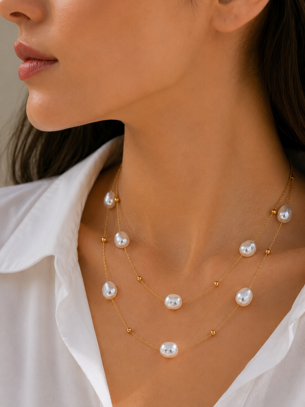 Doppelkette mit Perlen – Edelstahl Halskette Gold & Silber