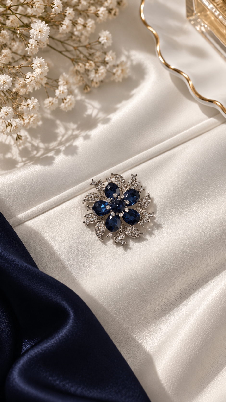 Elegante Blumenbrosche Silber Blau – Vintage Brosche mit Strasssteinen | Damen Schmuck