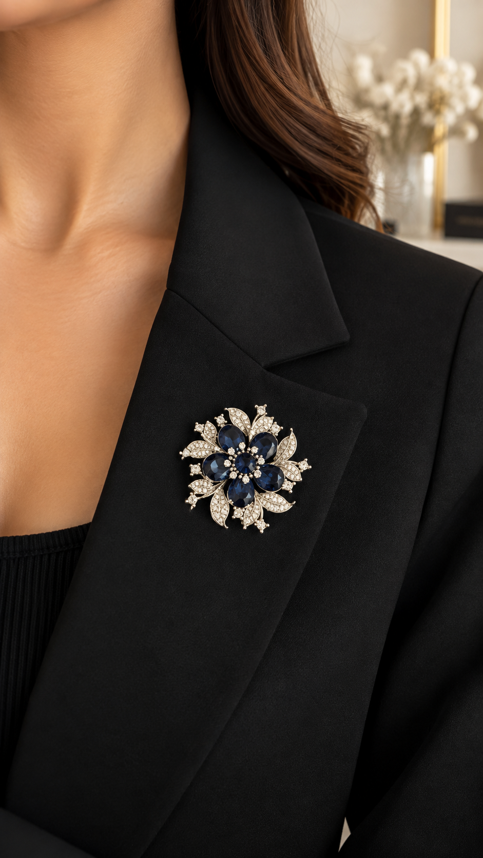Elegante Blumenbrosche Silber Blau – Vintage Brosche mit Strasssteinen | Damen Schmuck