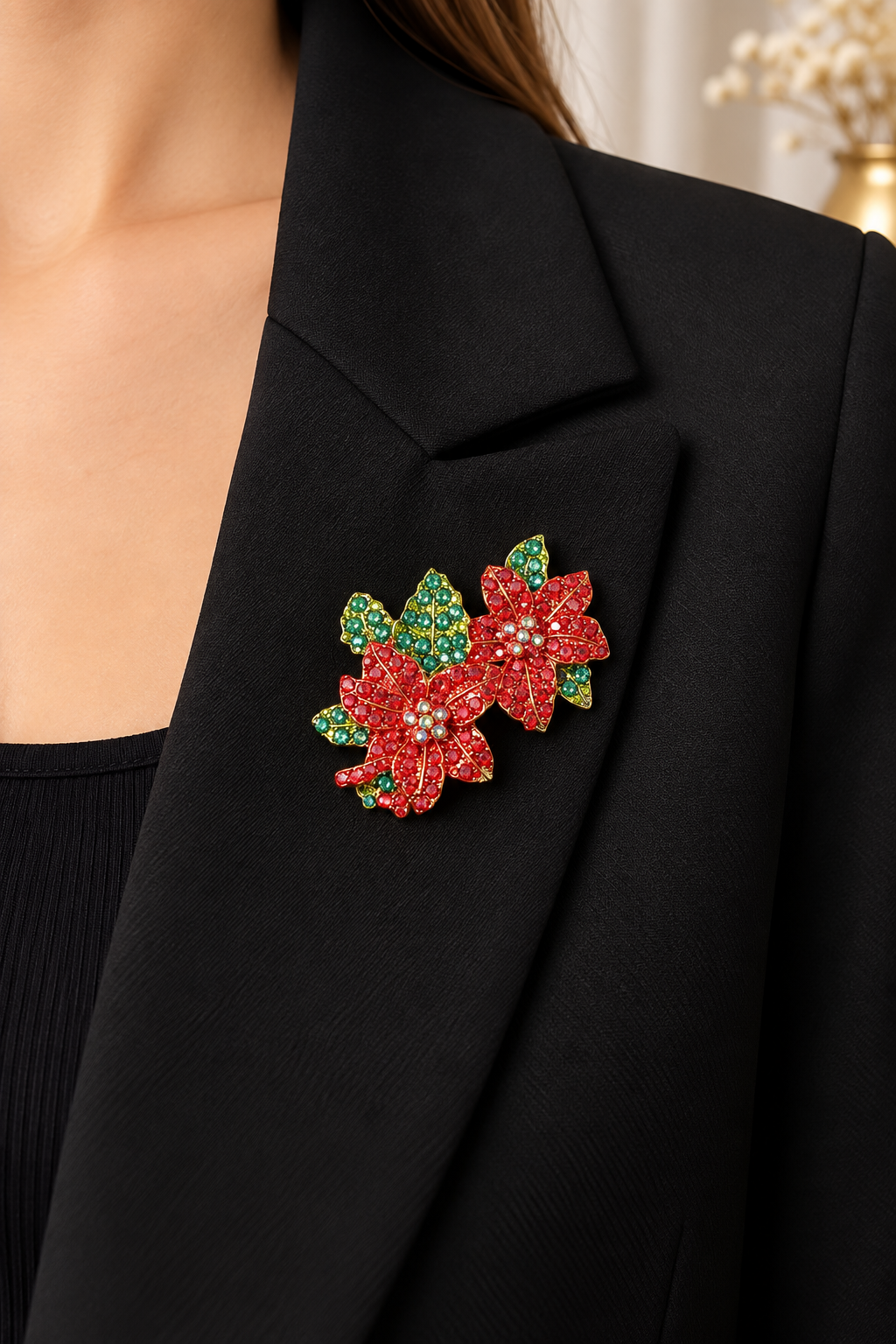 Weihnachtsstern Brosche Rot & Grün | Funkelnde Blumen Brosche