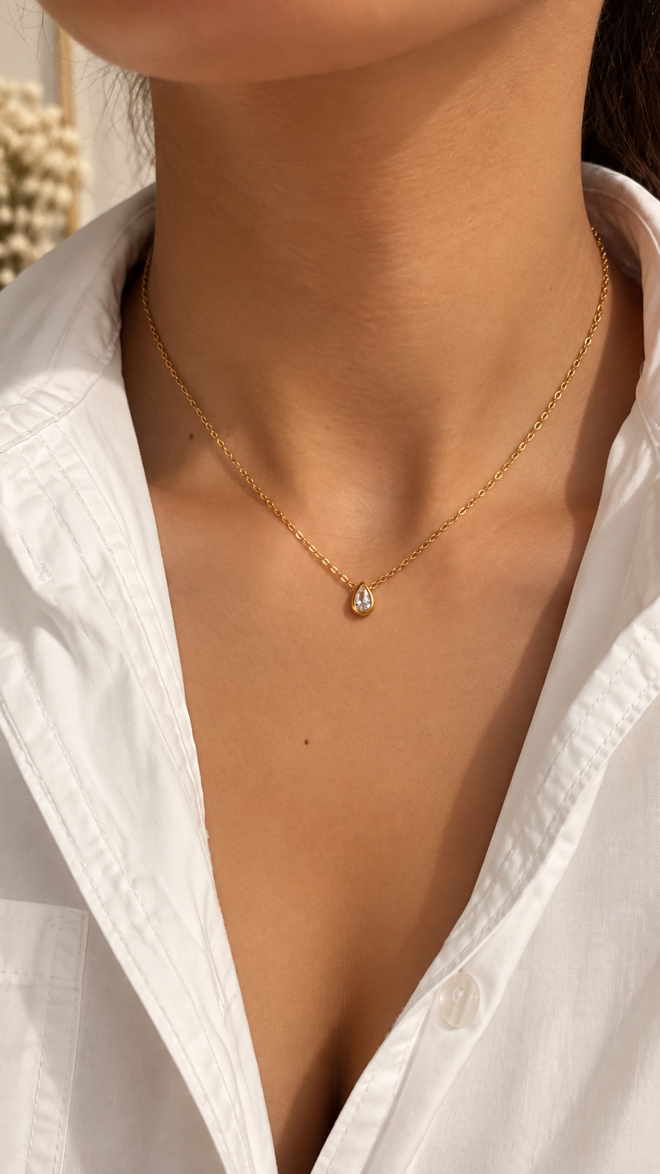 Tropfen Halskette Gold mit Zirkonia | Filigrane Edelstahl Kette