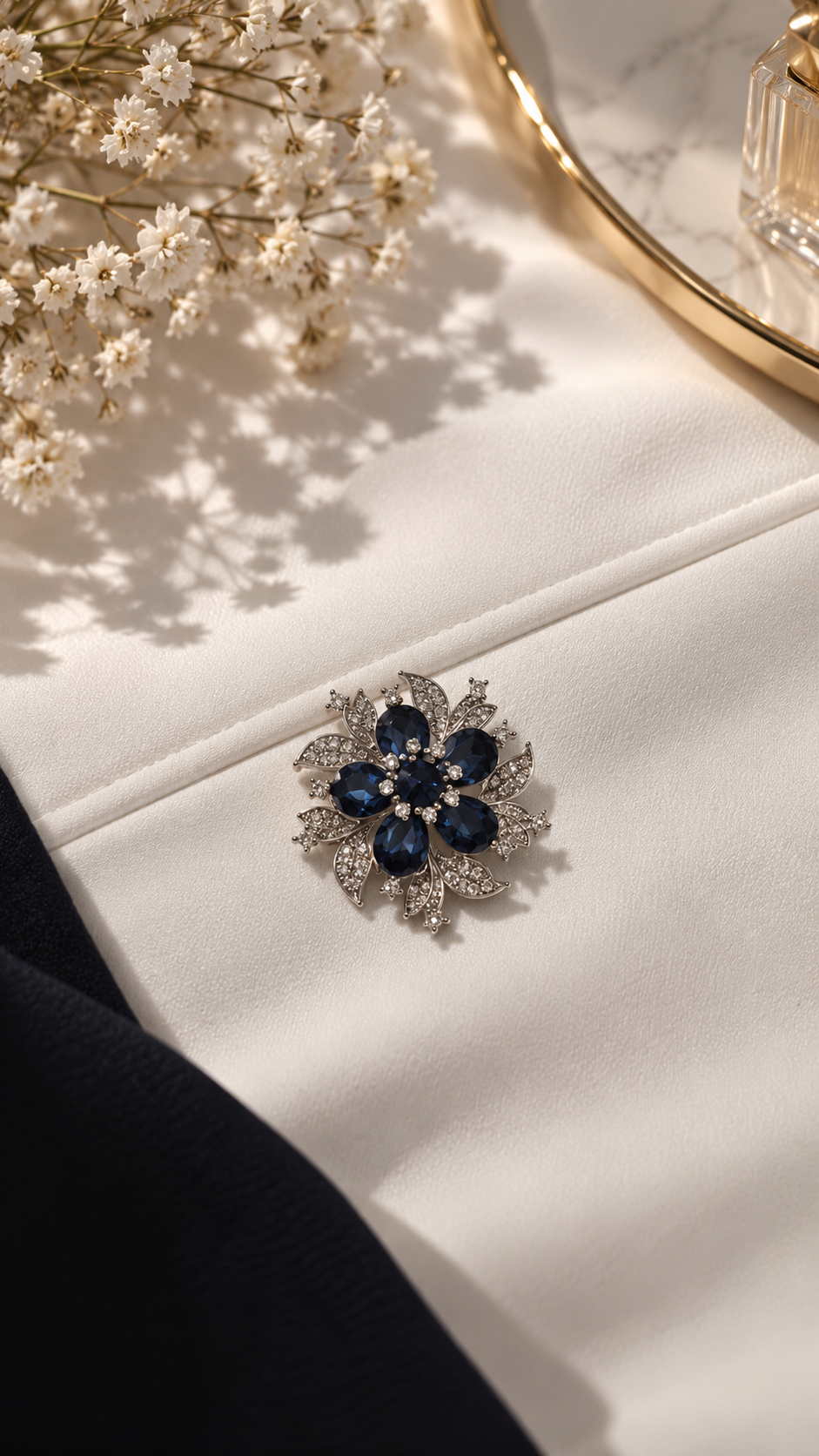 Elegante Blumenbrosche Silber Blau – Vintage Brosche mit Strasssteinen | Damen Schmuck
