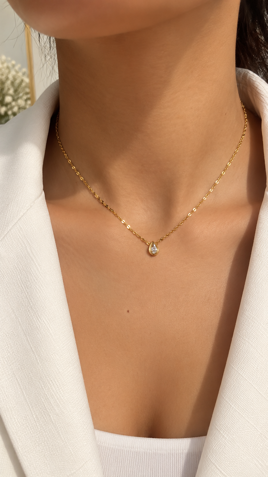 Tropfen Halskette Gold mit Zirkonia | Filigrane Edelstahl Kette