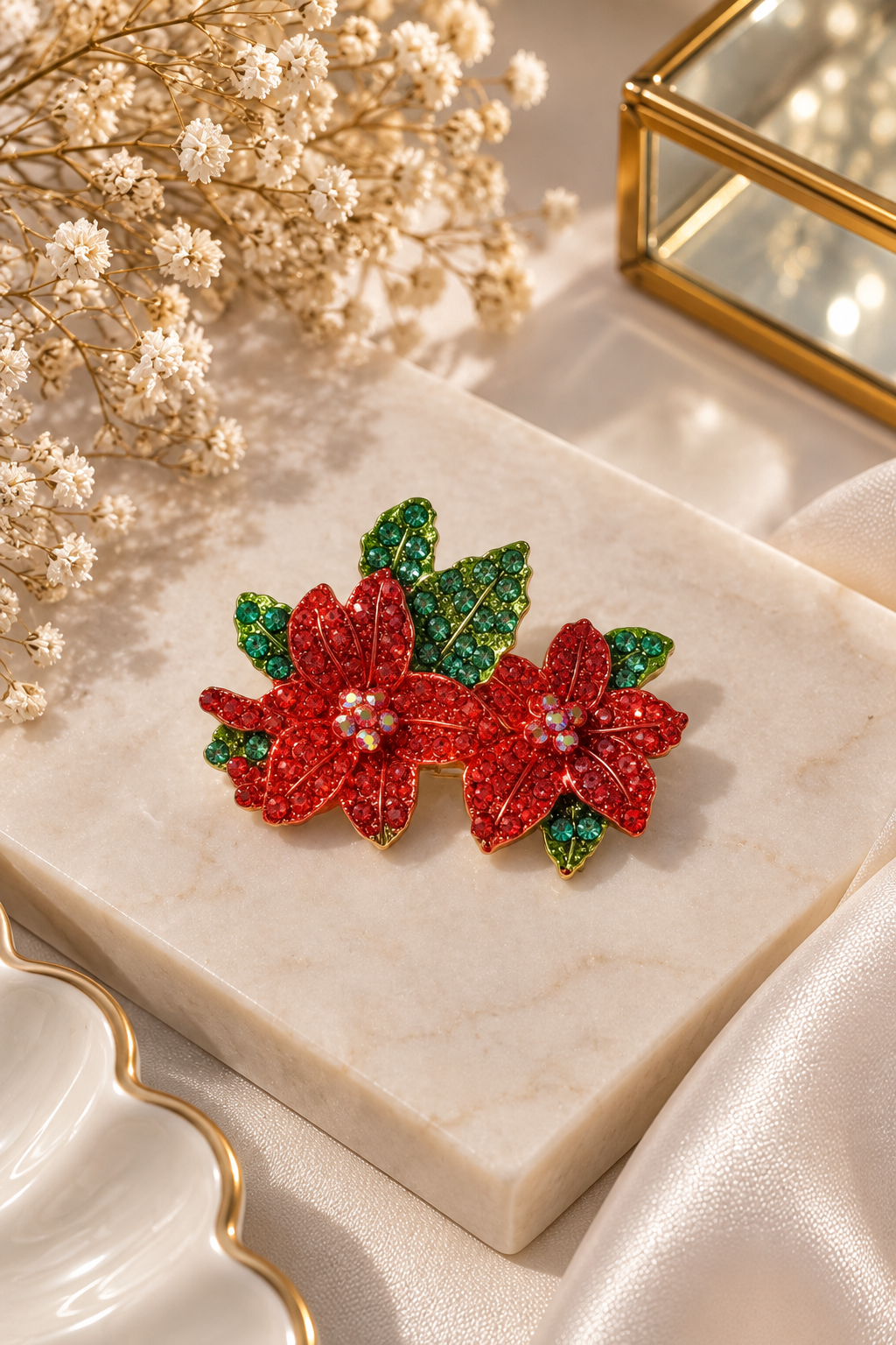 Weihnachtsstern Brosche Rot & Grün | Funkelnde Blumen Brosche