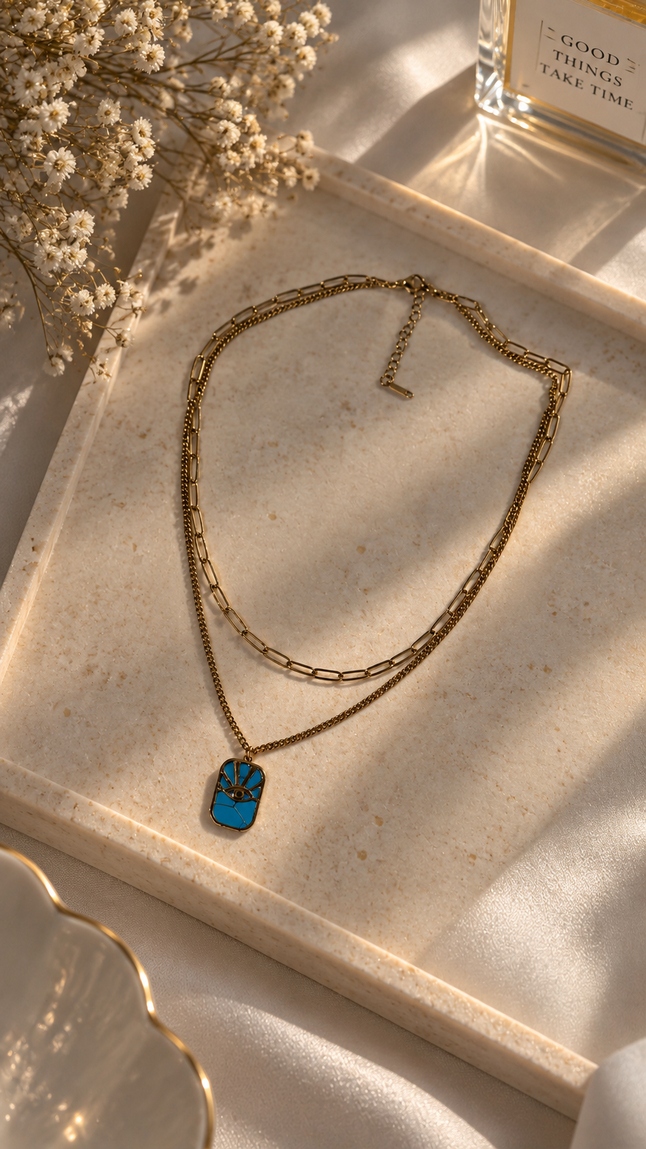 Layering Halskette Gold mit Türkis Augen Anhänger | Edelstahl Doppelkette