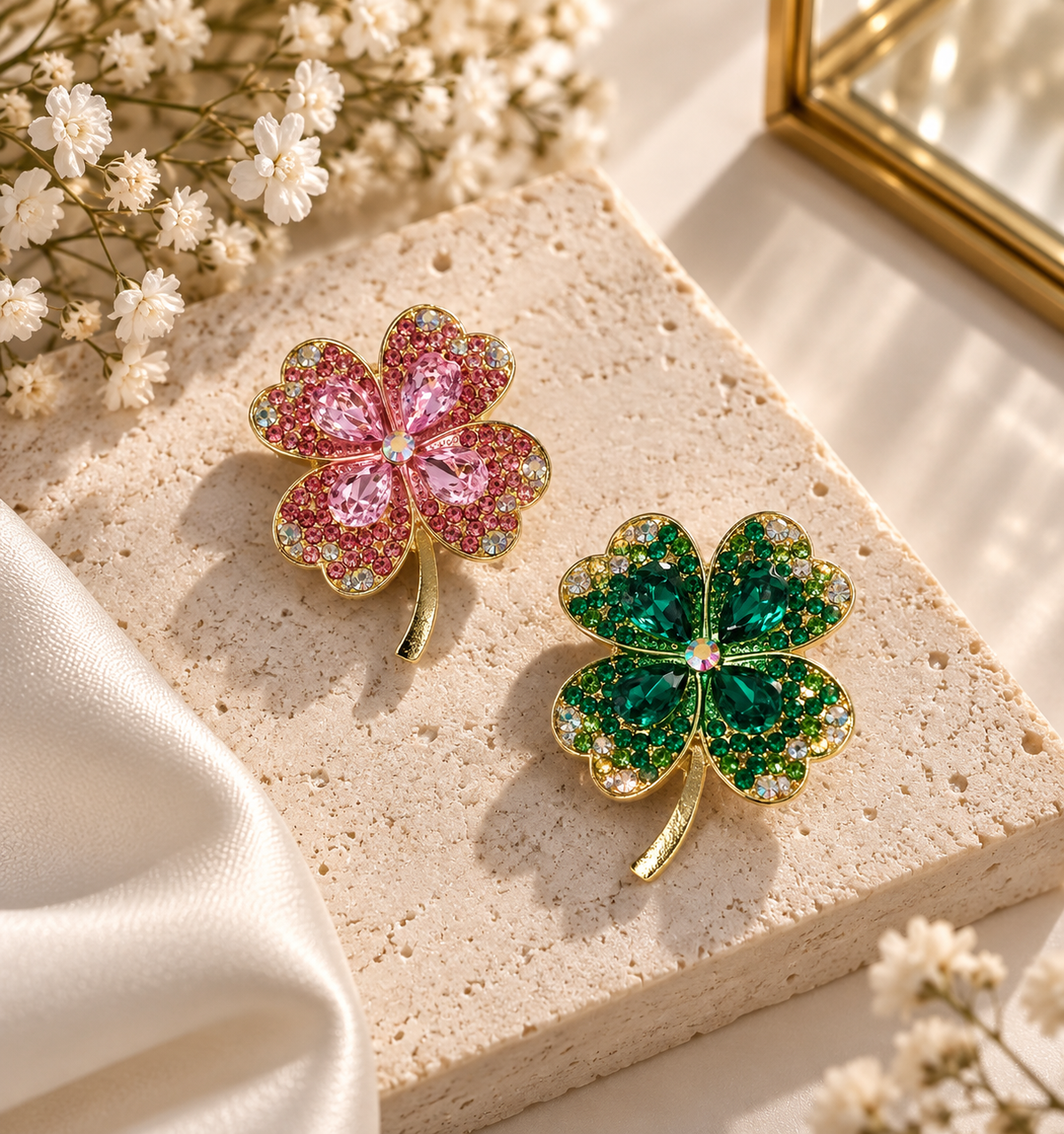 Kleeblatt Brosche mit Kristallsteinen – Gold | Grün & Rosa