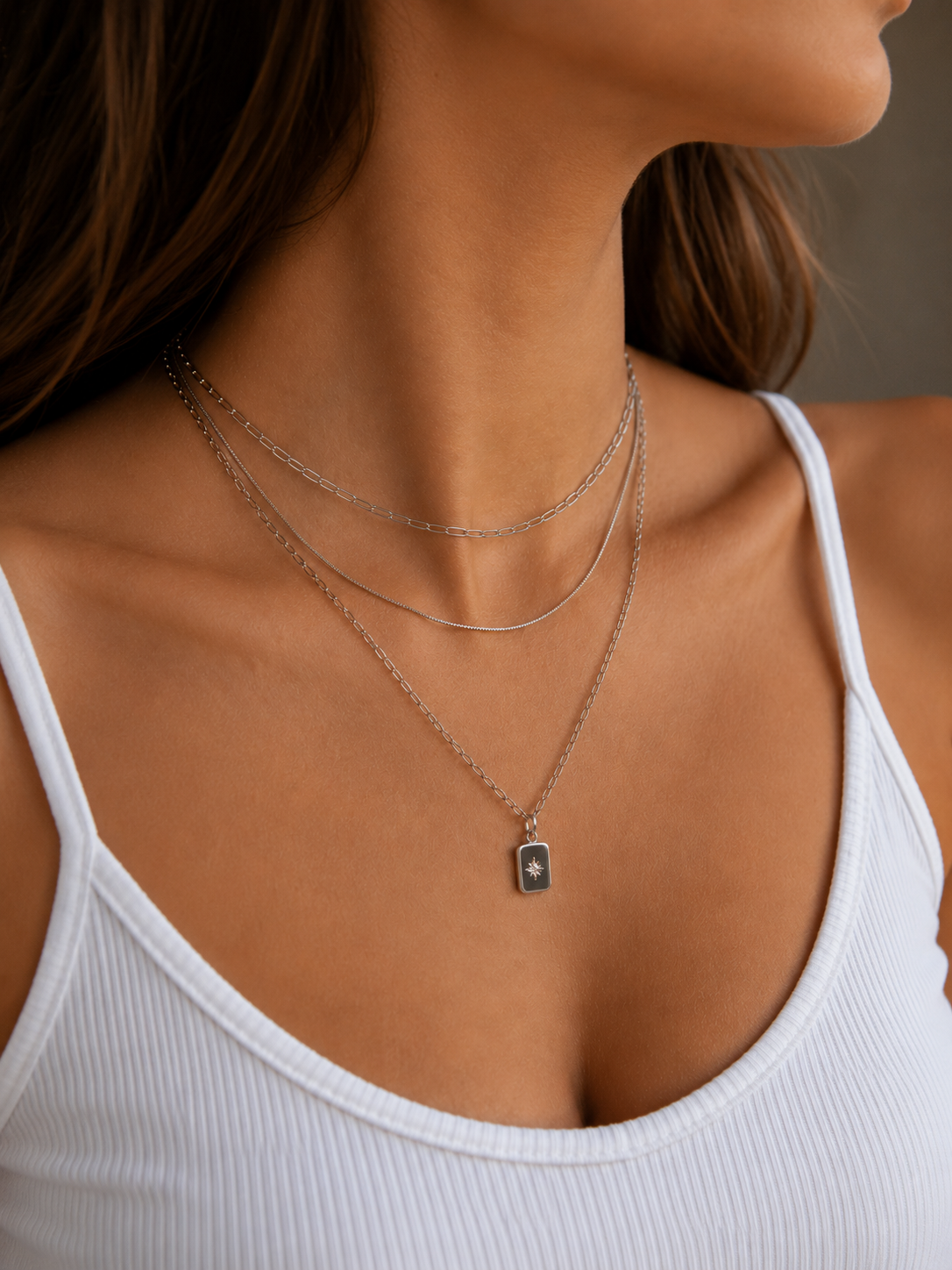 3-reihige Layering Halskette Silber – Edelstahl Kette mit Stern Anhänger