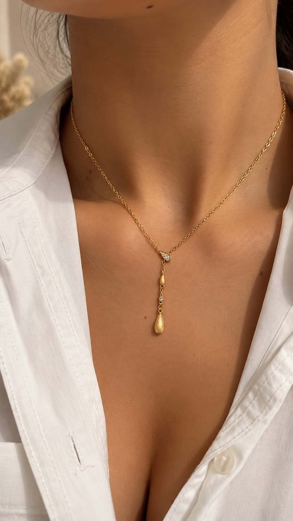 Y-Kette Gold mit Tropfen Anhänger | Elegante Edelstahl Halskette