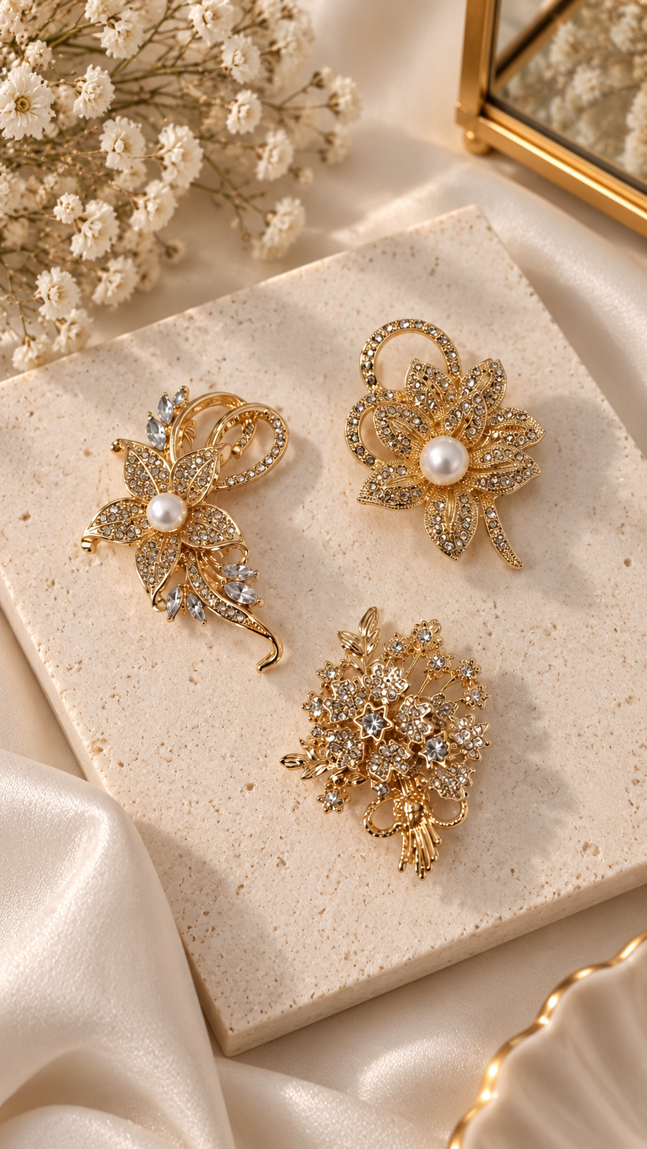 Goldene Blumenbrosche mit Perlen & Strass – Elegante Vintage Anstecknadel | 3 Designs