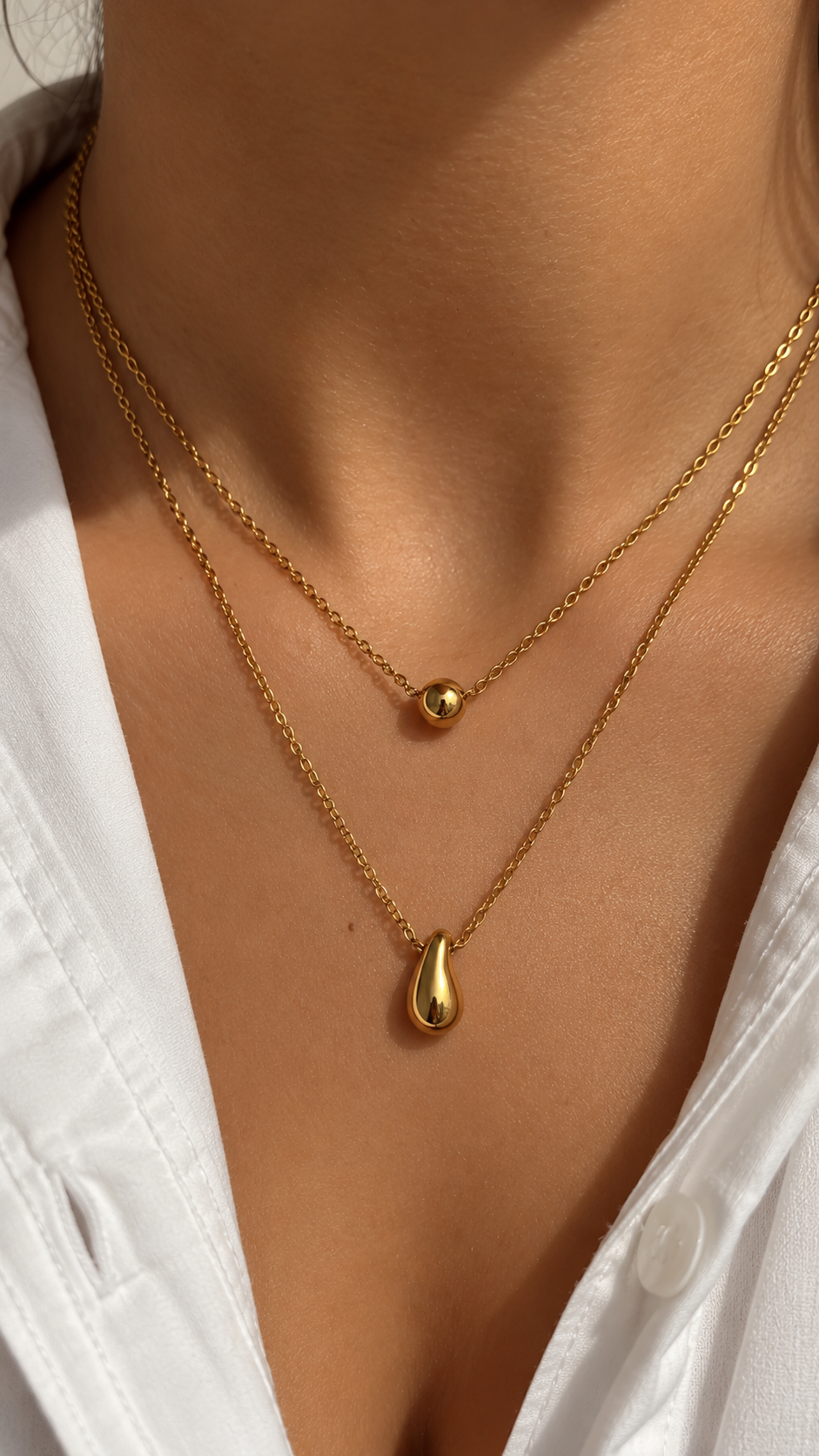 Doppelkette Gold mit Tropfen Anhänger | Edelstahl Layering Halskette