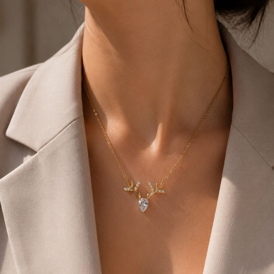 Zirkonia Geweih Halskette Gold – Edelstahl 18K vergoldet