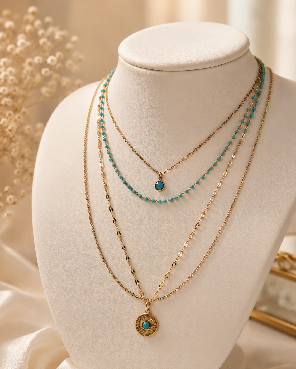 Layering Halskette Türkis & Gold – Mehrreihige Edelstahl Kette mit Anhänger