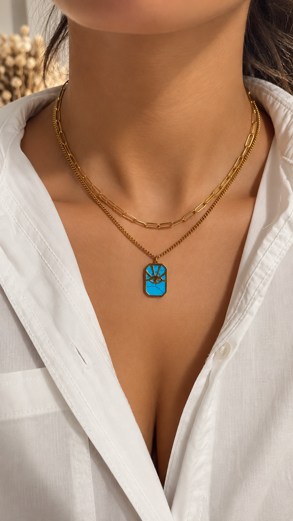 Layering Halskette Gold mit Türkis Augen Anhänger | Edelstahl Doppelkette