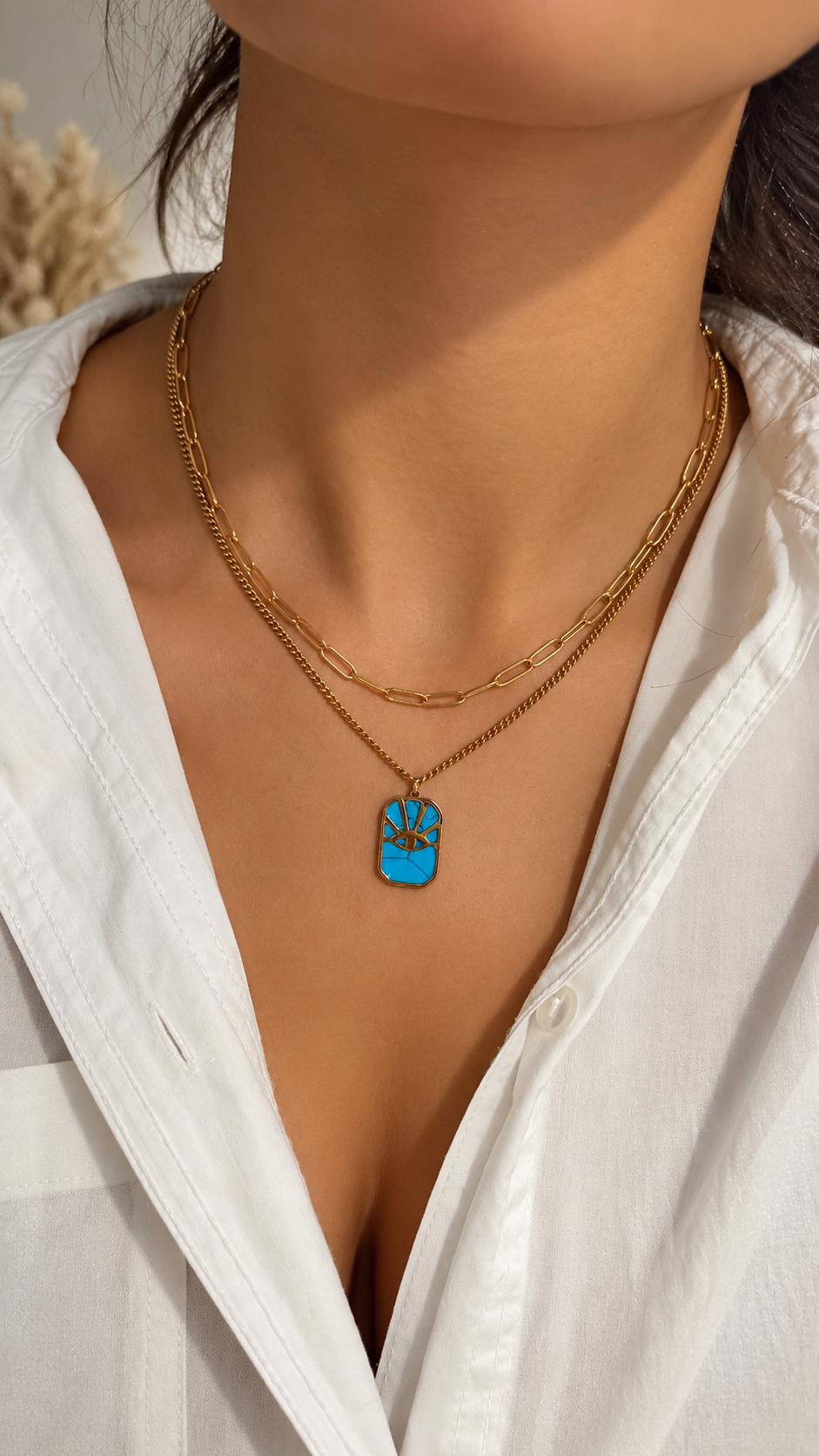 Layering Halskette Gold mit Türkis Augen Anhänger | Edelstahl Doppelkette