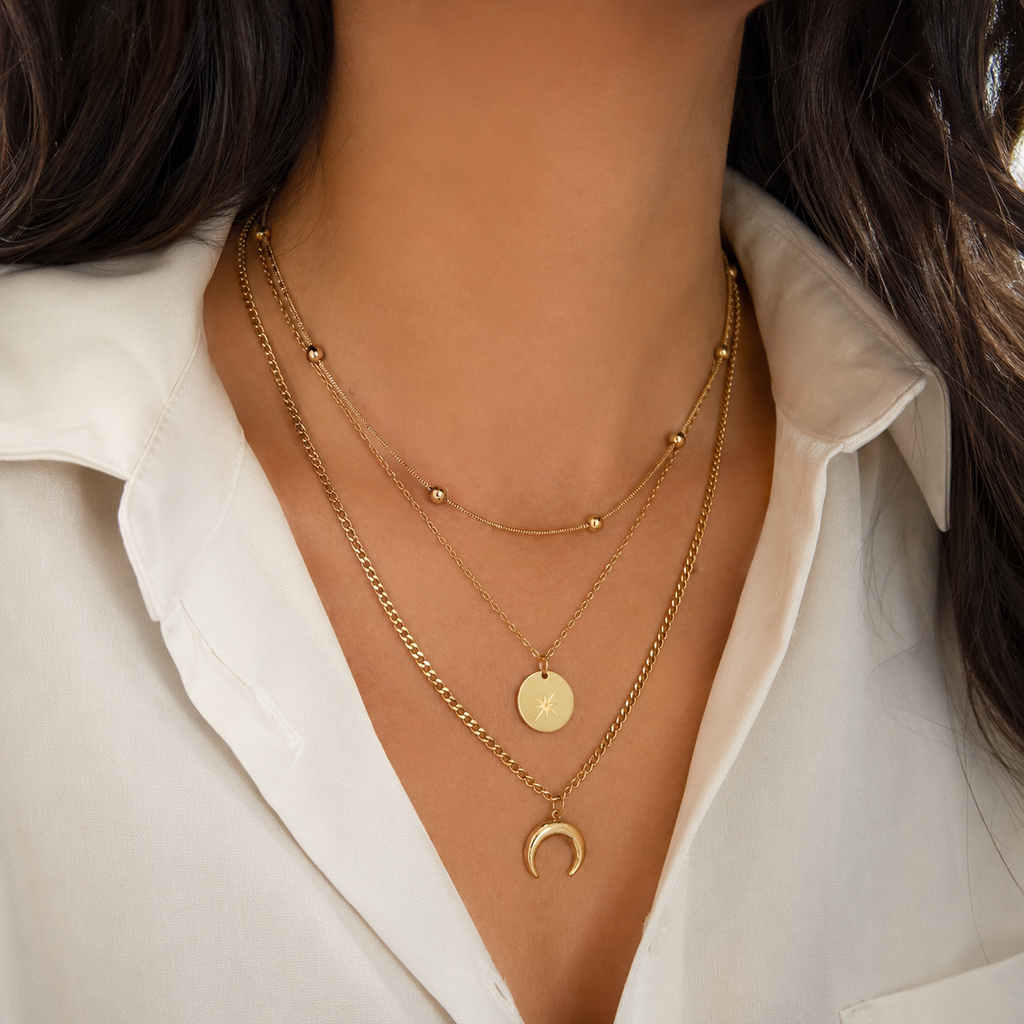 3-reihige Layering Halskette Gold | Mond & Stern Edelstahl Kette