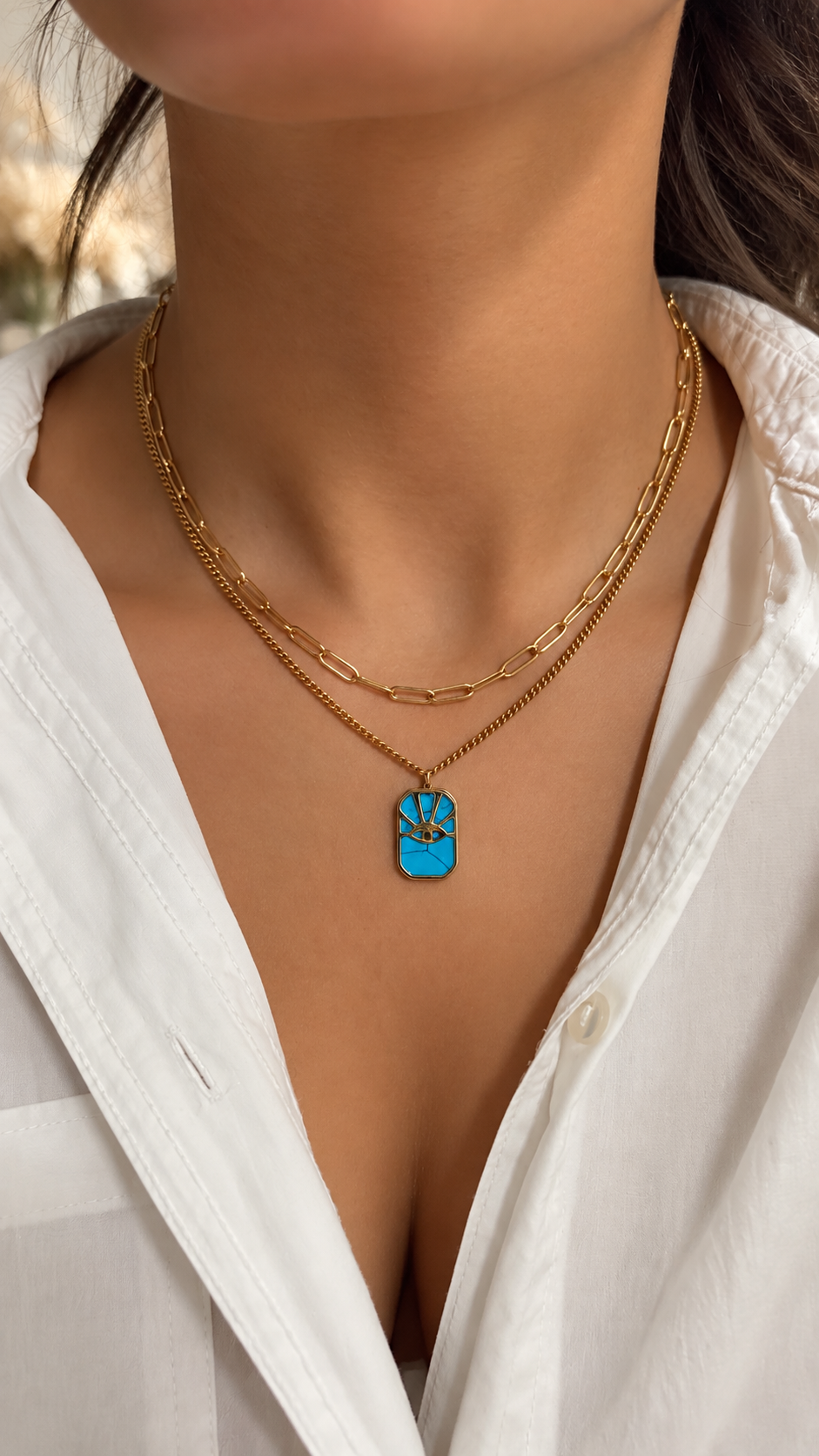 Layering Halskette Gold mit Türkis Augen Anhänger | Edelstahl Doppelkette
